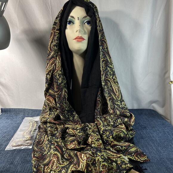 Gold Coast Two Scarves with Matching Necklace Paisley And Black 72” X 19” - Picture 1 of 16
